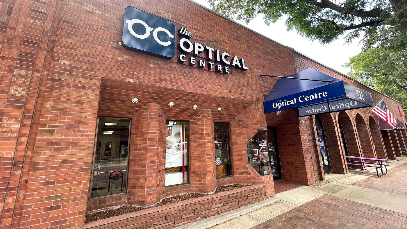 The Optical Centre storefront at 521 Main Street in downtown Longmont
